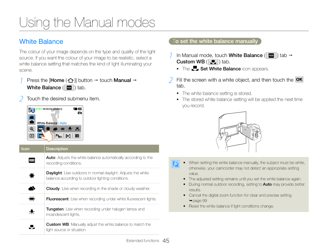 Samsung HMX-QF30WP/XIL, HMX-QF30BP/EDC Using the Manual modes, White Balance, To set the white balance manually 