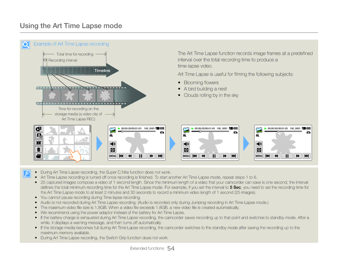 Samsung HMX-QF30BP/XER, HMX-QF30BP/EDC, HMX-QF30WP/EDC Using the Art Time Lapse mode, Example of Art Time Lapse recording 