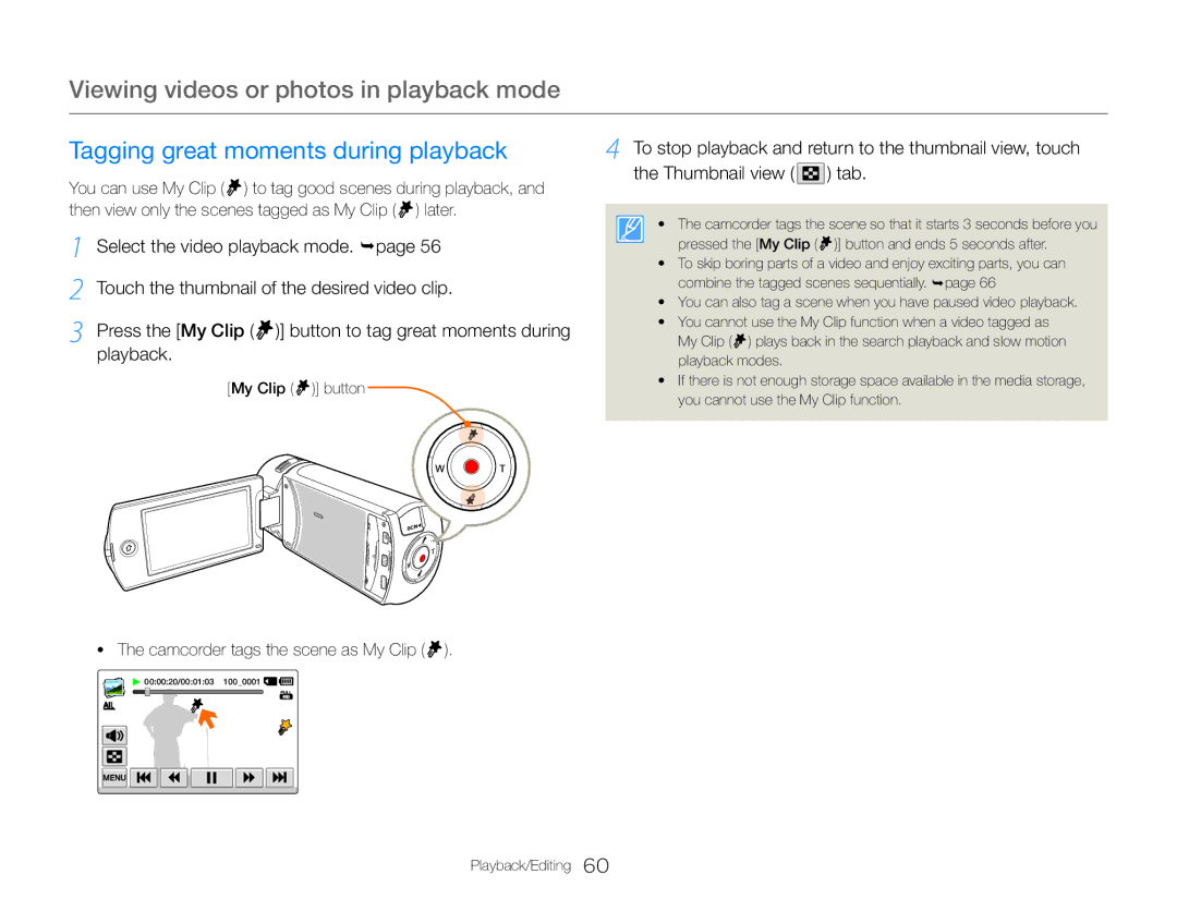 Samsung HMX-QF30BP/XEK Tagging great moments during playback, Thumbnail view Tab, Select the video playback mode. page 