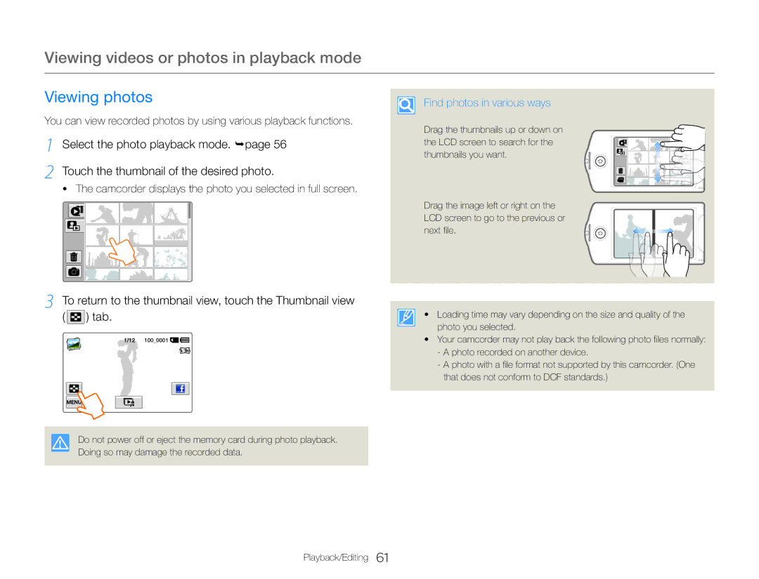 Samsung HMX-QF30BP/XER, HMX-QF30BP/EDC manual Viewing photos, Camcorder displays the photo you selected in full screen 