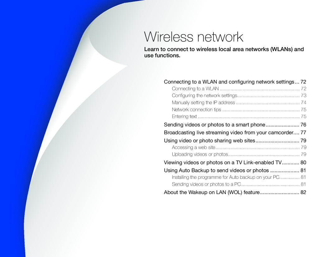 Samsung HMX-QF30WP/EDC, HMX-QF30BP/EDC manual Wireless network, Connecting to a Wlan and configuring network settings 