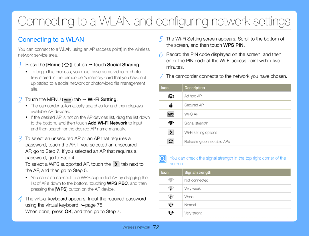 Samsung HMX-QF30BP/XIL, HMX-QF30BP/EDC, HMX-QF30WP/EDC Connecting to a Wlan, Press the Home button  touch Social Sharing 