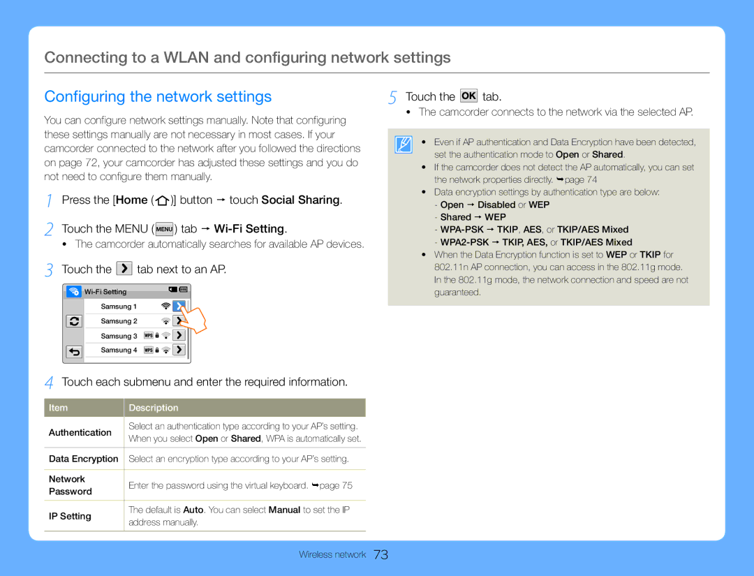 Samsung HMX-QF30WP/XIL manual Connecting to a Wlan and configuring network settings, Configuring the network settings 