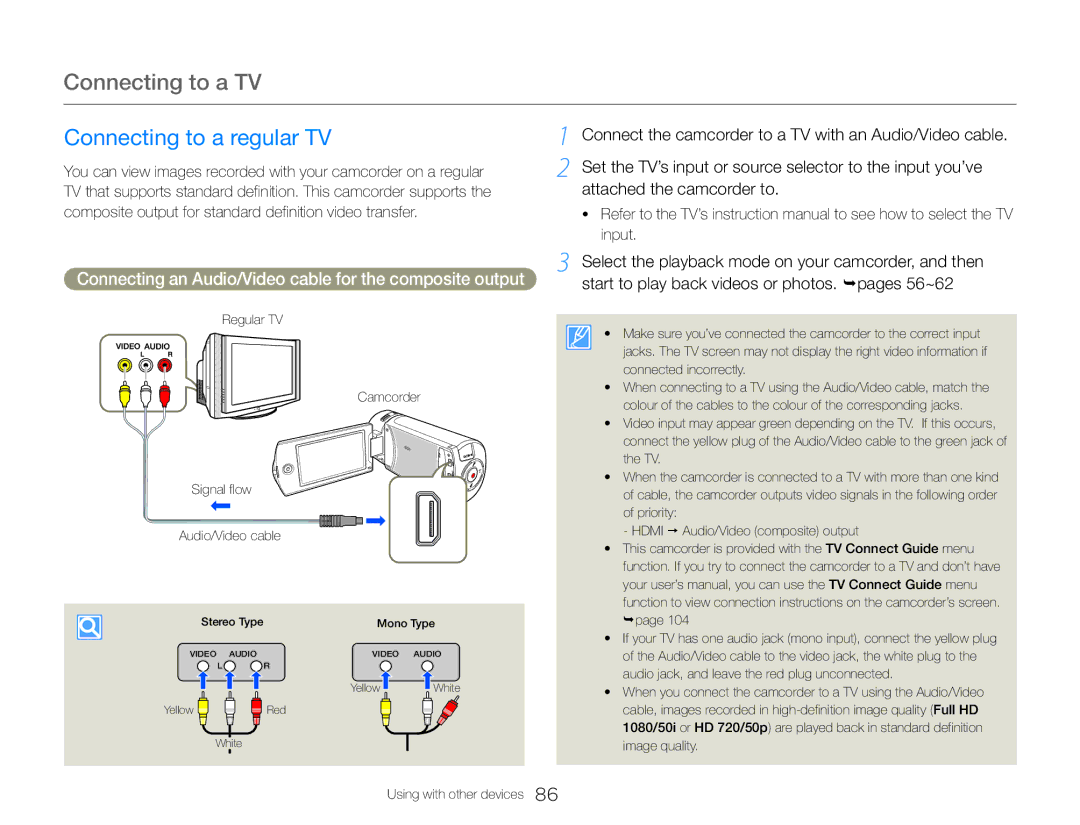 Samsung HMX-QF30BP/XIL Connecting to a TV, Connecting to a regular TV, Start to play back videos or photos. pages 56~62 