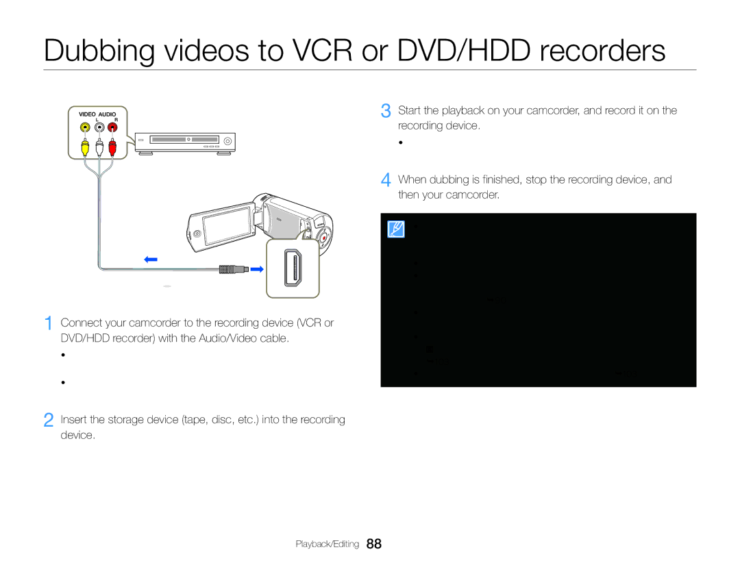 Samsung HMX-QF30BP/XEK, HMX-QF30BP/EDC, HMX-QF30WP/EDC, HMX-QF30BP/XIL manual Dubbing videos to VCR or DVD/HDD recorders 