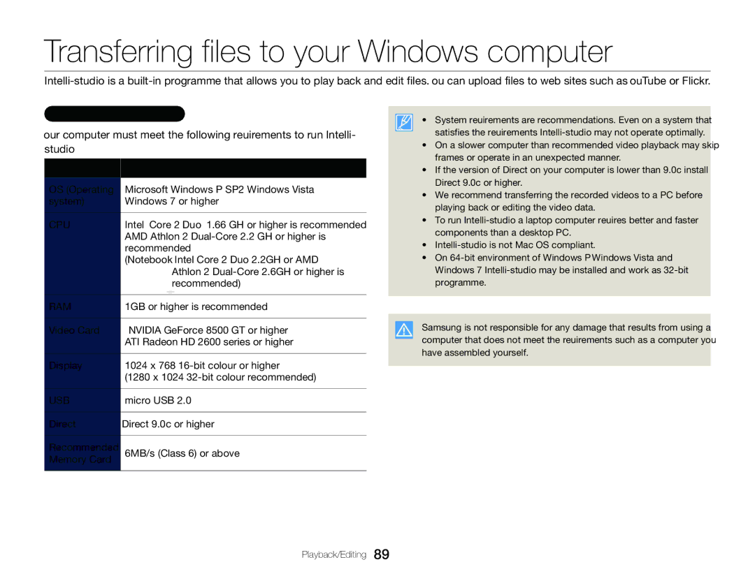 Samsung HMX-QF30BP/XER, HMX-QF30BP/EDC, HMX-QF30WP/EDC Transferring files to your Windows computer, System requirements 