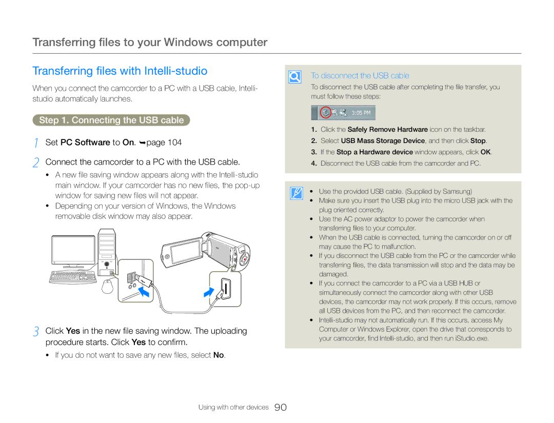 Samsung HMX-QF30WP/XER, HMX-QF30BP/EDC Transferring files to your Windows computer, Transferring files with Intelli-studio 