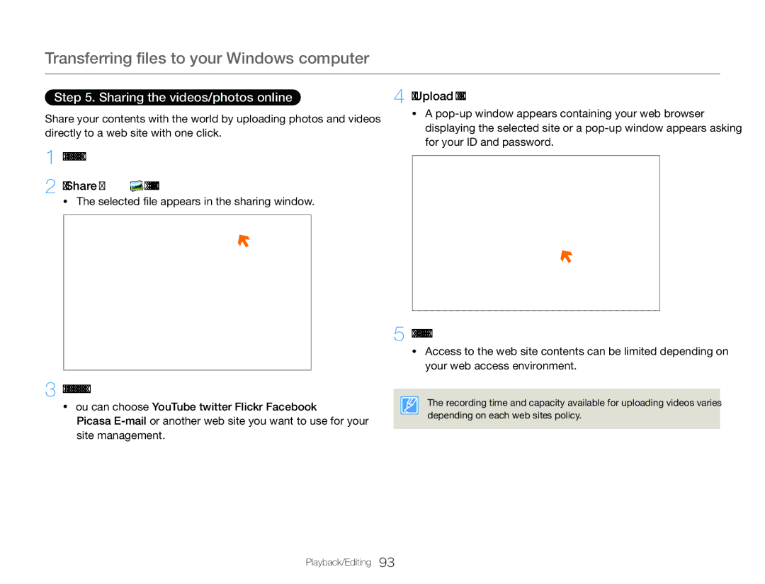 Samsung HMX-QF30BP/XIL manual Sharing the videos/photos online, Click the web site you would like to upload files to 