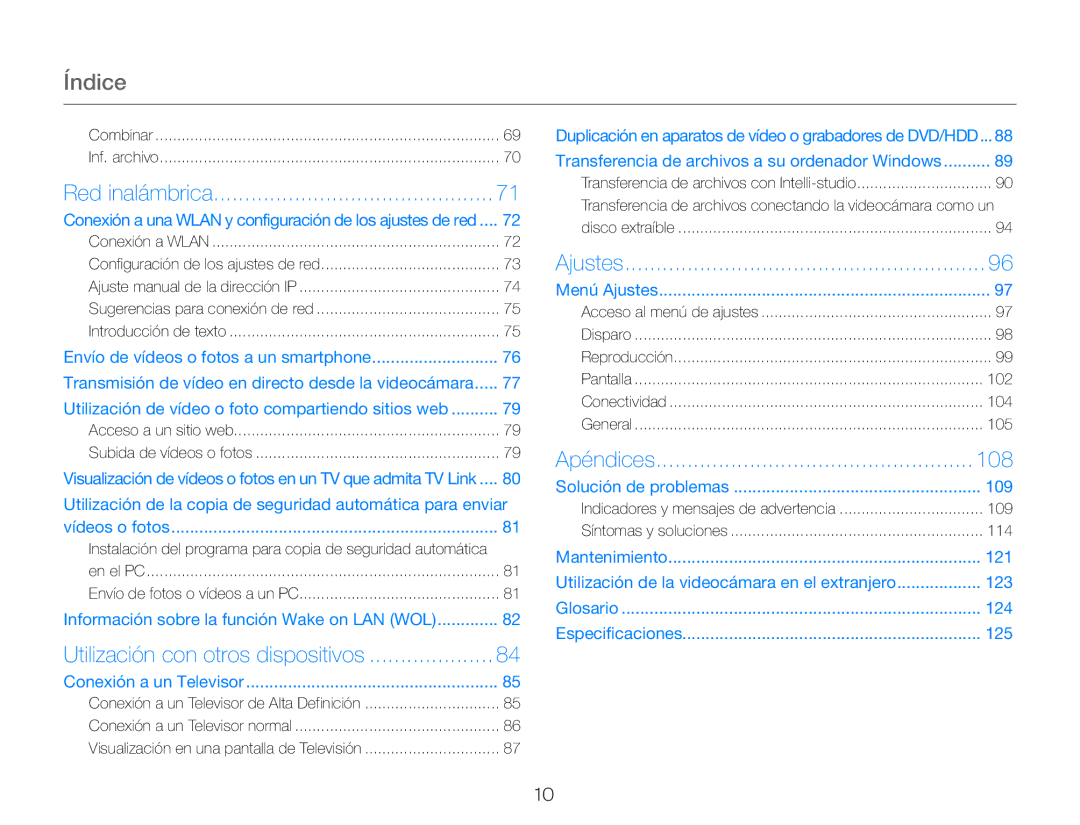 Samsung HMX-QF30BP/XIL, HMX-QF30BP/EDC manual Índice, 108, Utilización de la copia de seguridad automática para enviar 