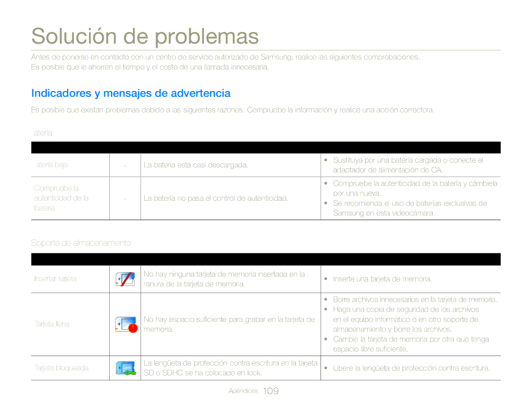 Samsung HMX-QF30WP/EDC Solución de problemas, Indicadores y mensajes de advertencia, Batería, Soporte de almacenamiento 