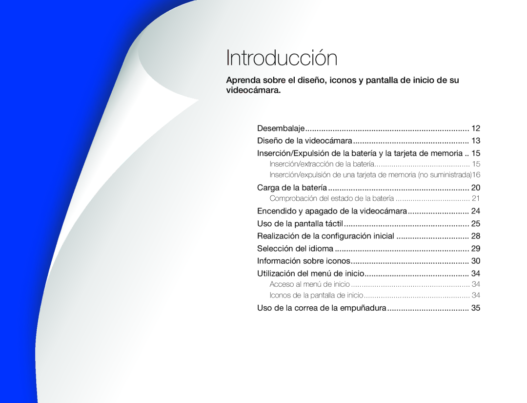 Samsung HMX-QF30WP/XIL manual Introducción, Encendido y apagado de la videocámara, Realización de la configuración inicial 