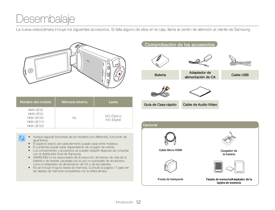 Samsung HMX-QF30BP/EDC, HMX-QF30WP/EDC, HMX-QF30BP/XIL, HMX-QF30WP/XIL manual Desembalaje, Comprobación de los accesorios 