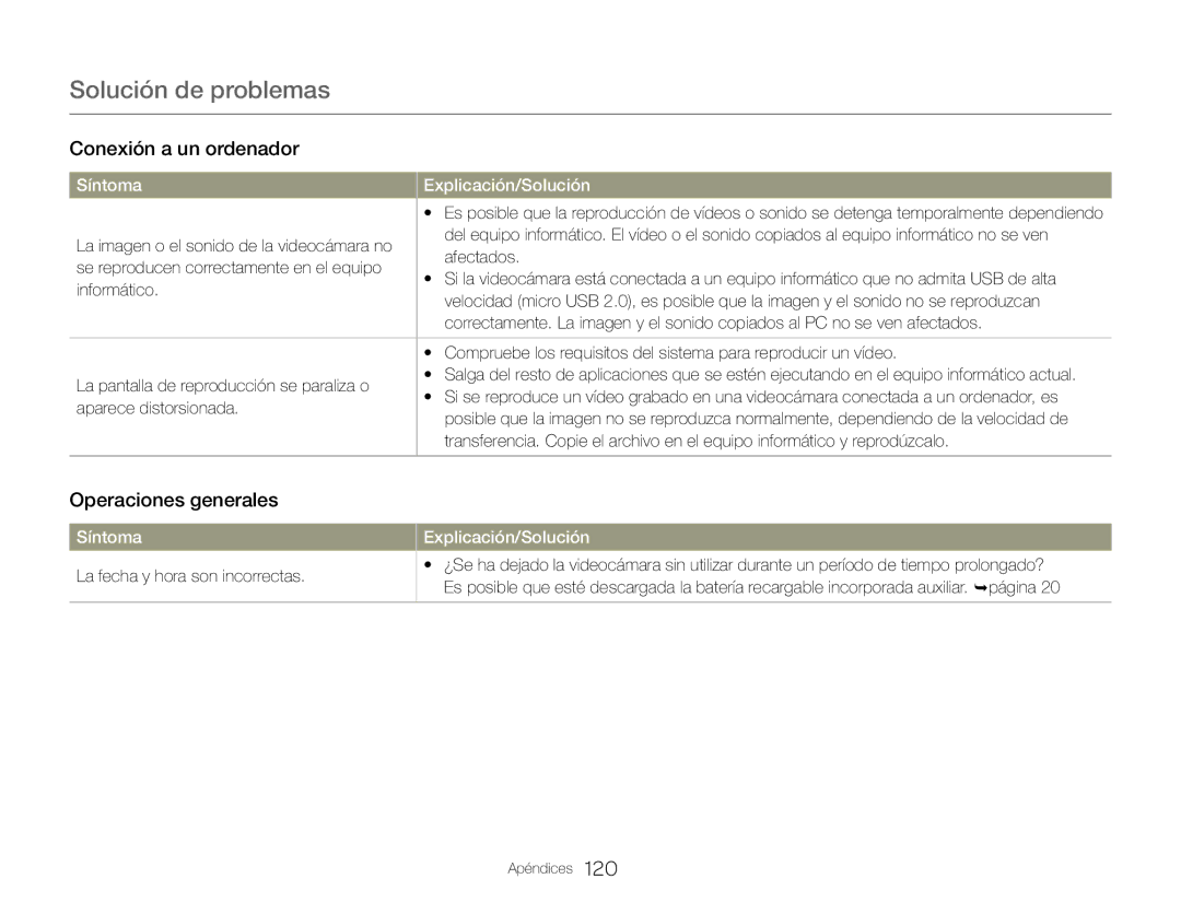 Samsung HMX-QF30BP/EDC, HMX-QF30WP/EDC, HMX-QF30BP/XIL manual Operaciones generales, La fecha y hora son incorrectas 