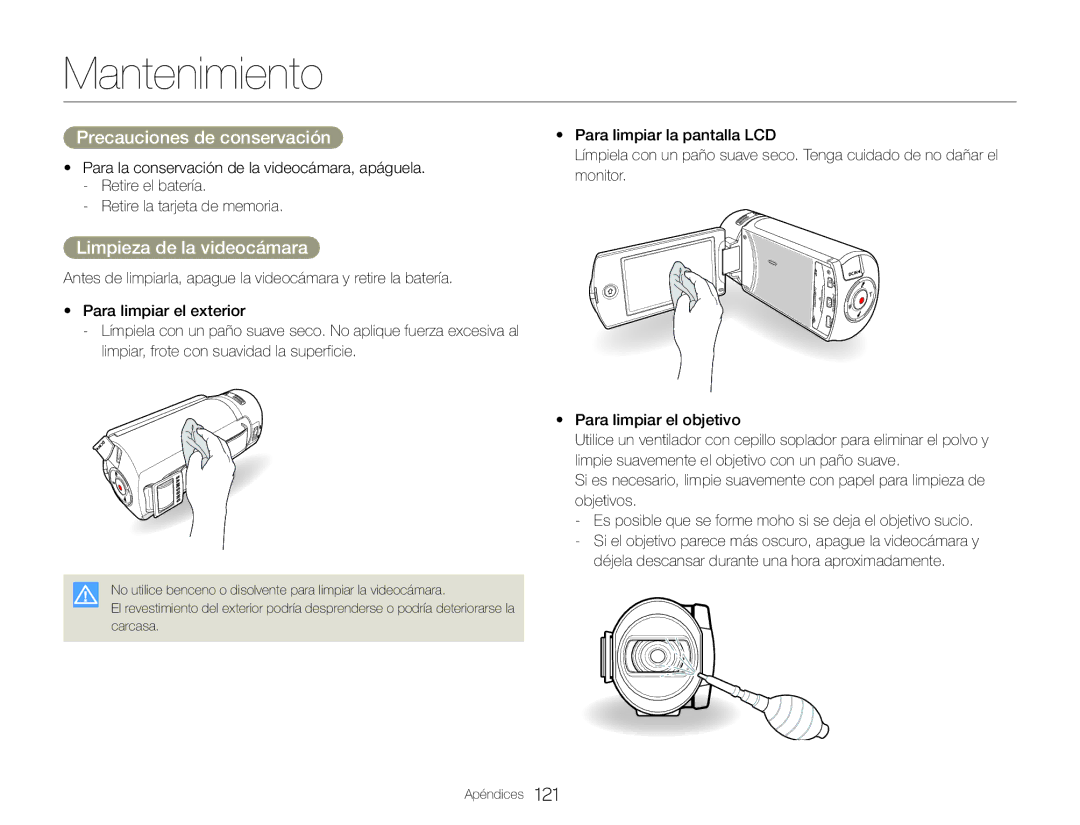 Samsung HMX-QF30WP/EDC, HMX-QF30BP/EDC manual Mantenimiento, Precauciones de conservación, Limpieza de la videocámara 