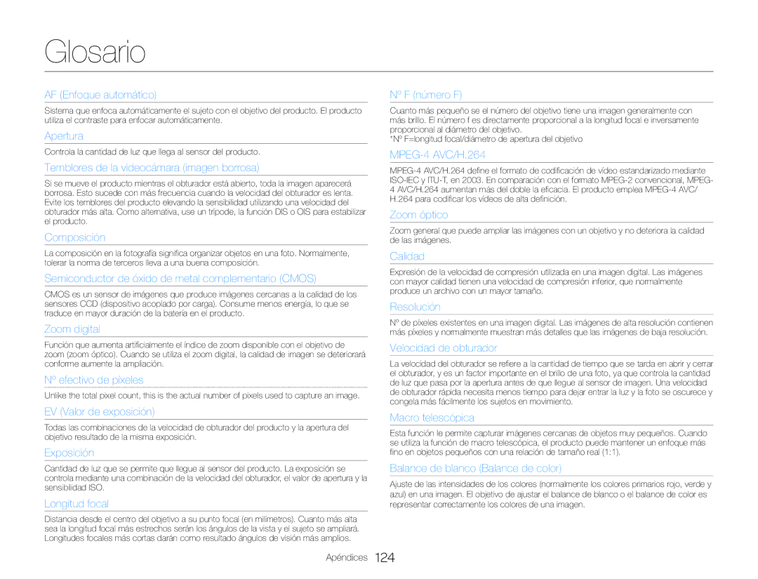Samsung HMX-QF30BP/EDC, HMX-QF30WP/EDC, HMX-QF30BP/XIL, HMX-QF30WP/XIL manual Glosario, AF Enfoque automático 