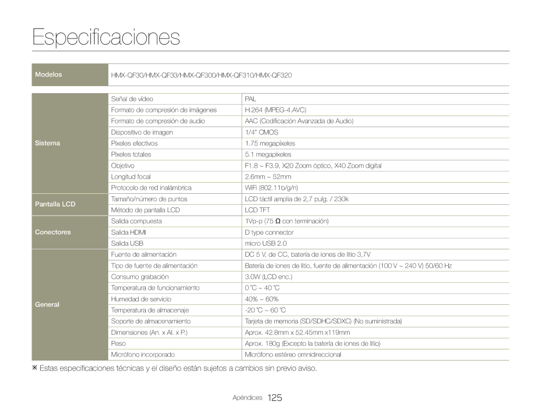 Samsung HMX-QF30WP/EDC, HMX-QF30BP/EDC, HMX-QF30BP/XIL, HMX-QF30WP/XIL manual Especificaciones, Pal 