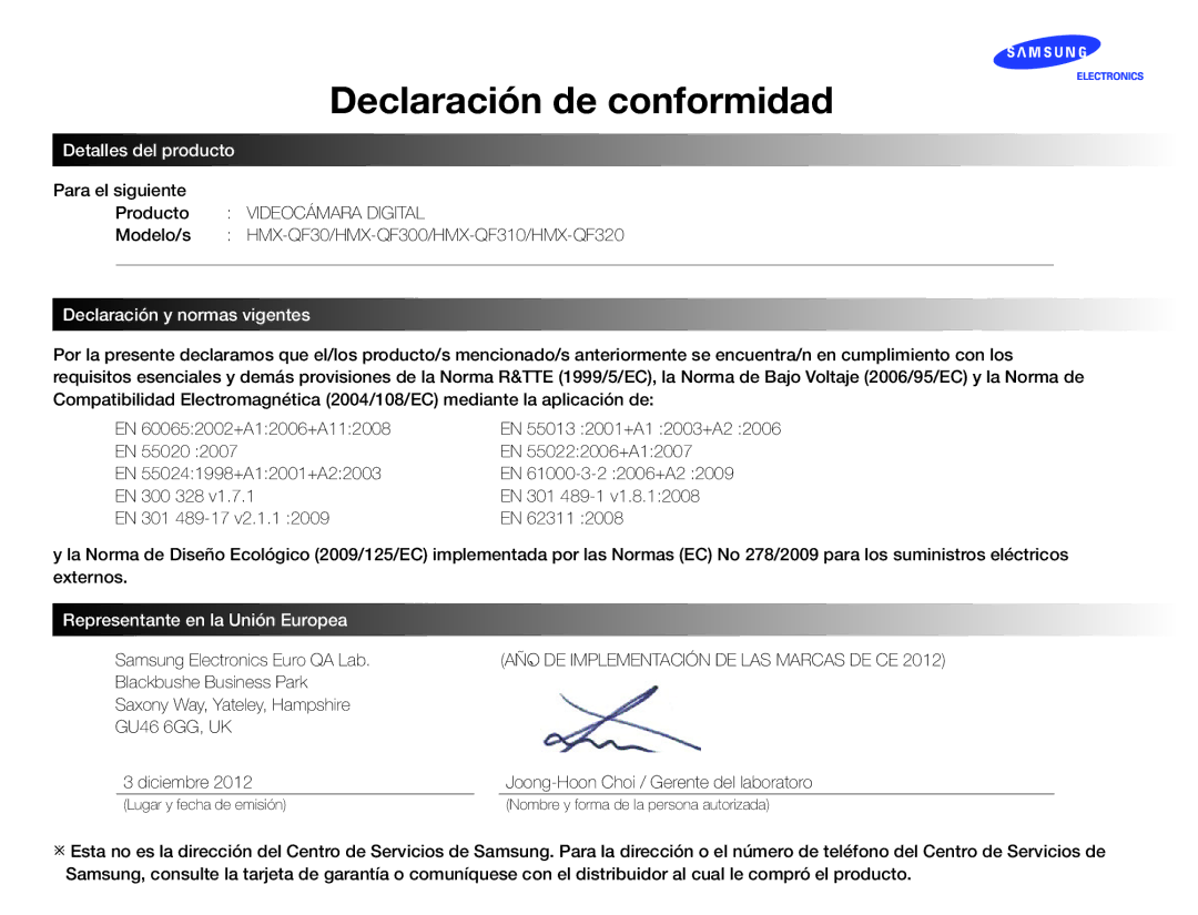 Samsung HMX-QF30BP/XIL, HMX-QF30BP/EDC, HMX-QF30WP/EDC manual Declaración de conformidad, Samsung Electronics Euro QA Lab 