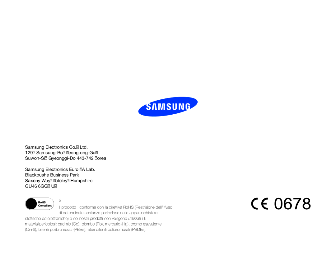 Samsung HMX-QF30BP/EDC, HMX-QF30WP/EDC, HMX-QF30BP/XIL, HMX-QF30WP/XIL manual Conformità RoHS 