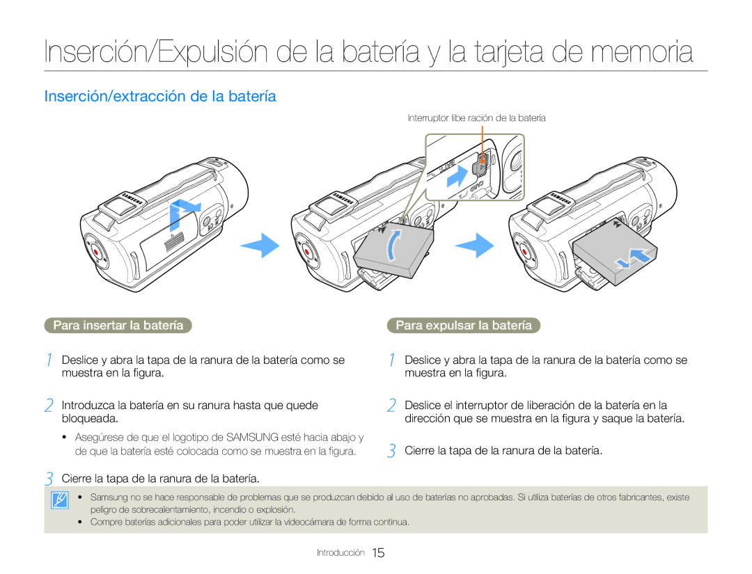 Samsung HMX-QF30WP/XIL manual Inserción/extracción de la batería, Para insertar la batería, Para expulsar la batería 