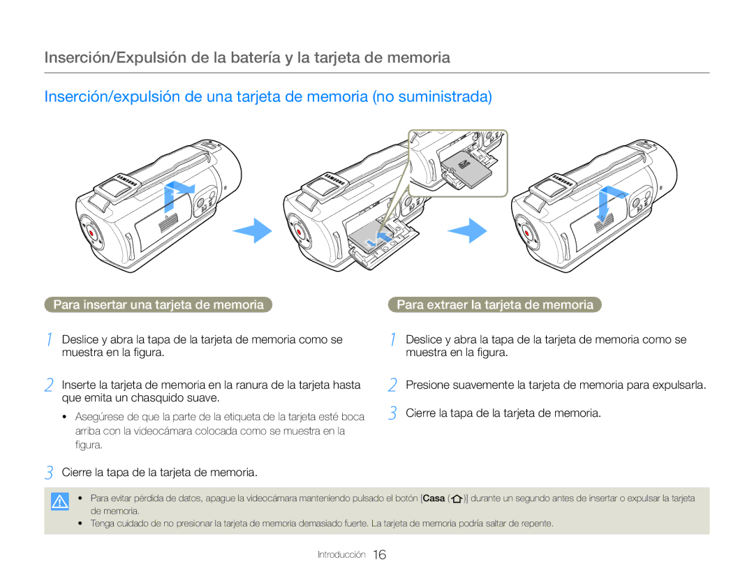 Samsung HMX-QF30BP/EDC, HMX-QF30WP/EDC Inserción/Expulsión de la batería y la tarjeta de memoria, Muestra en la figura 