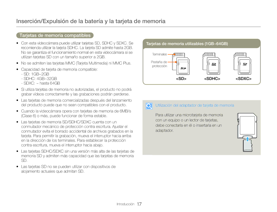 Samsung HMX-QF30WP/EDC, HMX-QF30BP/EDC Tarjetas de memoria compatibles, Utilización del adaptador de tarjeta de memoria 