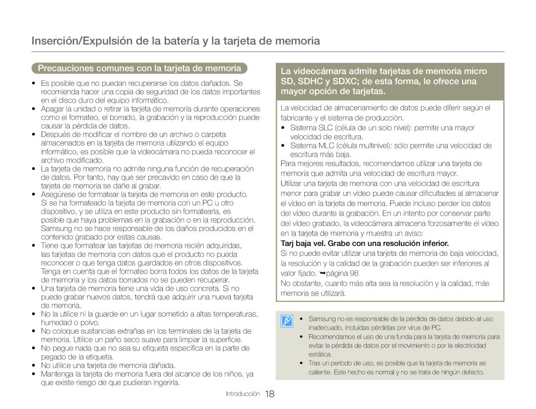 Samsung HMX-QF30BP/XIL, HMX-QF30BP/EDC, HMX-QF30WP/EDC, HMX-QF30WP/XIL manual Precauciones comunes con la tarjeta de memoria 