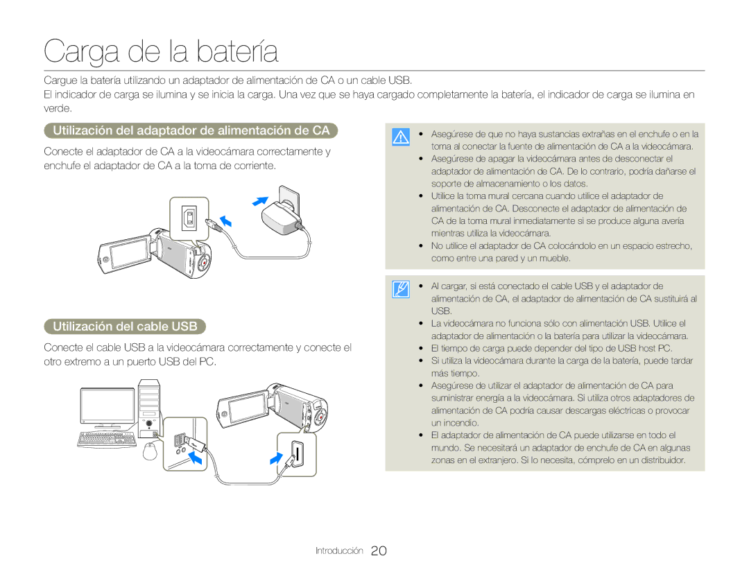 Samsung HMX-QF30BP/EDC Carga de la batería, Utilización del adaptador de alimentación de CA, Utilización del cable USB 