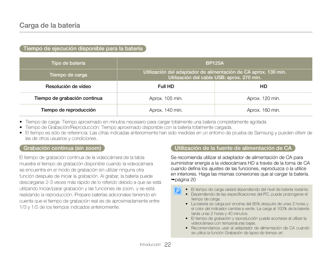 Samsung HMX-QF30BP/XIL, HMX-QF30BP/EDC manual Tiempo de ejecución disponible para la batería, Tiempo de reproducción 