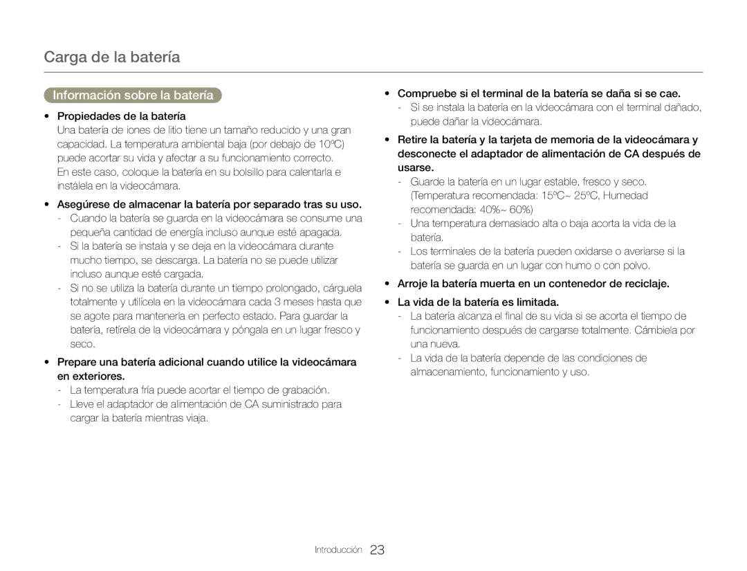 Samsung HMX-QF30WP/XIL, HMX-QF30BP/EDC, HMX-QF30WP/EDC manual Información sobre la batería, Propiedades de la batería 