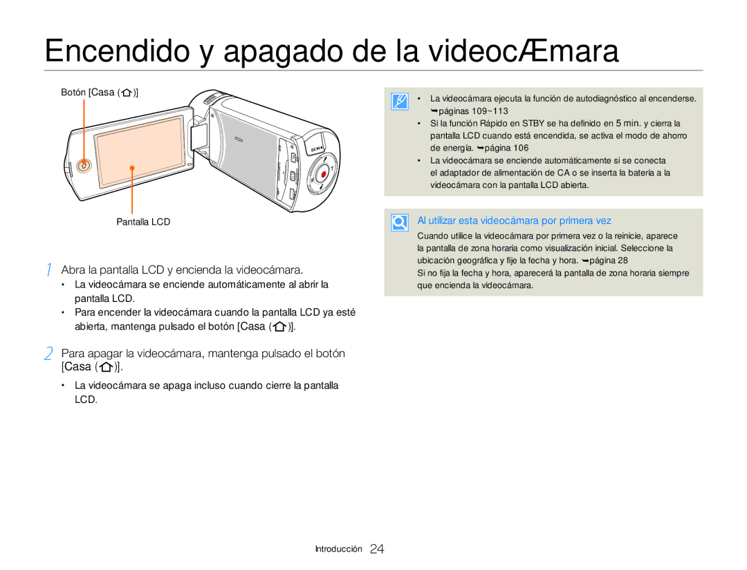 Samsung HMX-QF30BP/EDC manual Encendido y apagado de la videocámara, Abra la pantalla LCD y encienda la videocámara 