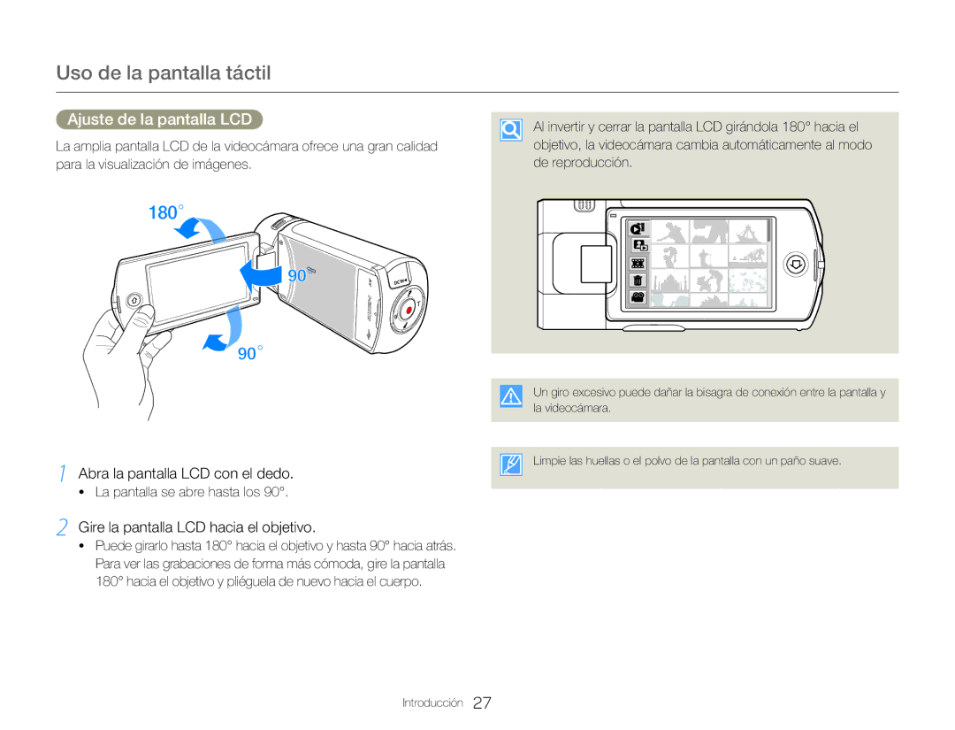 Samsung HMX-QF30WP/XIL Ajuste de la pantalla LCD, Abra la pantalla LCD con el dedo, Gire la pantalla LCD hacia el objetivo 