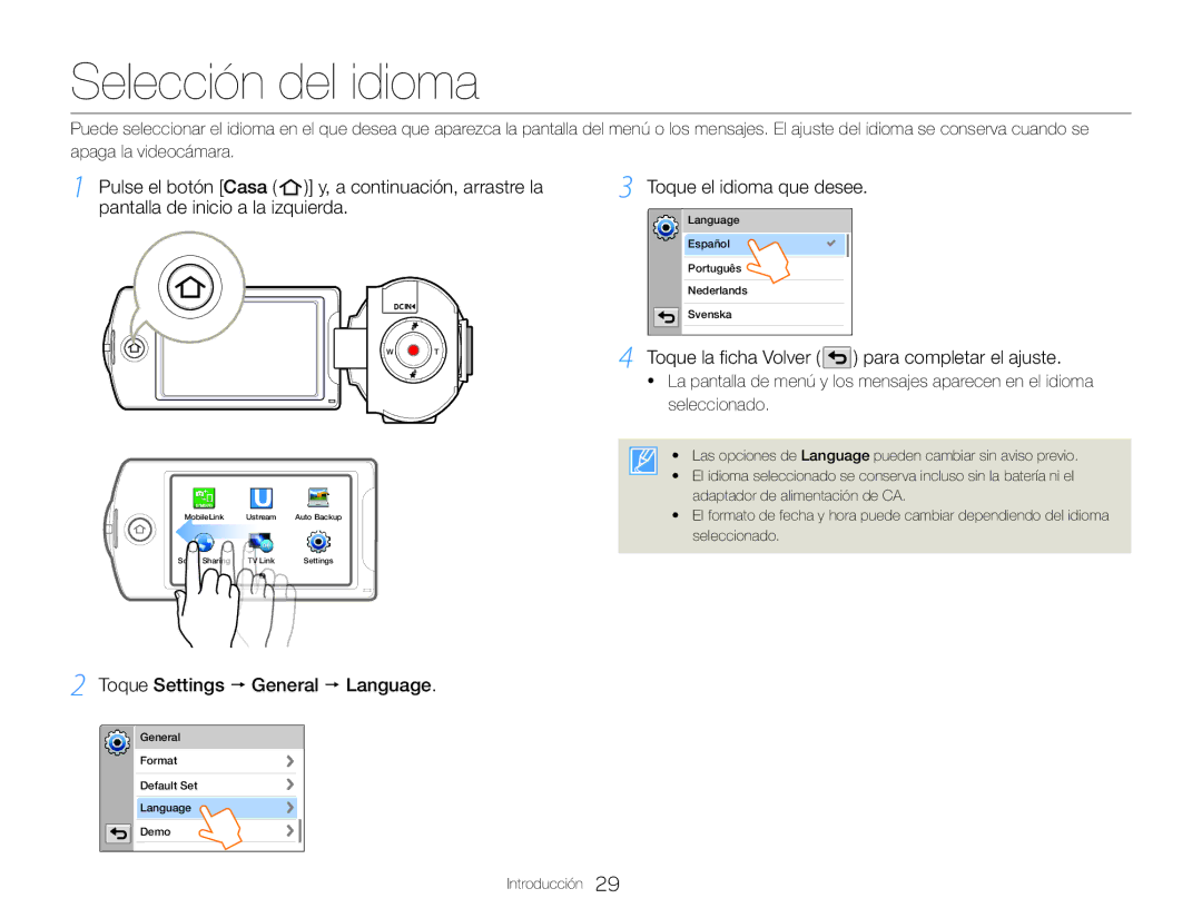 Samsung HMX-QF30WP/EDC Selección del idioma, Toque el idioma que desee, Toque la ficha Volver para completar el ajuste 