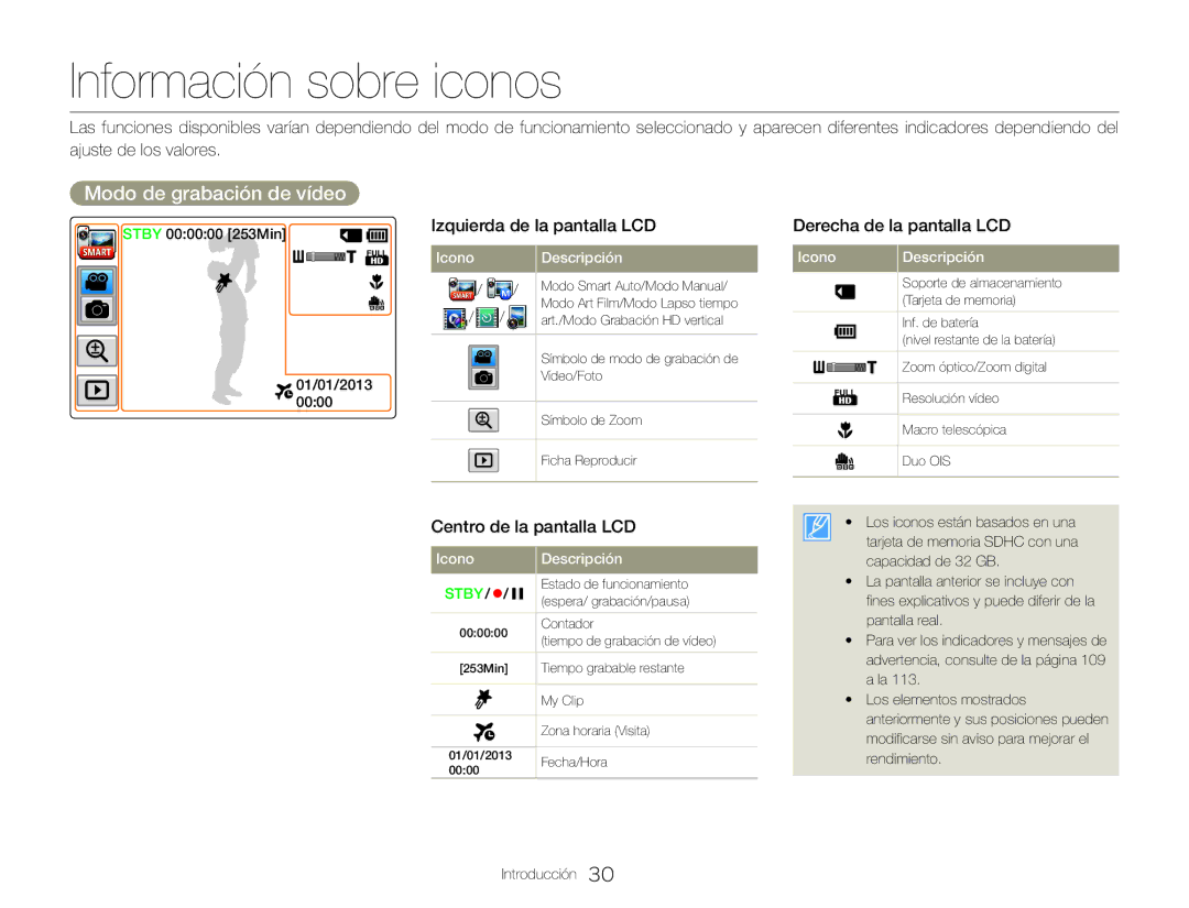 Samsung HMX-QF30BP/XIL, HMX-QF30BP/EDC Información sobre iconos, Modo de grabación de vídeo, Izquierda de la pantalla LCD 