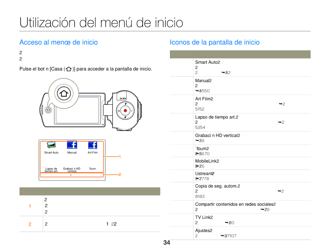 Samsung HMX-QF30BP/XIL manual Utilización del menú de inicio, Acceso al menú de inicio Iconos de la pantalla de inicio 