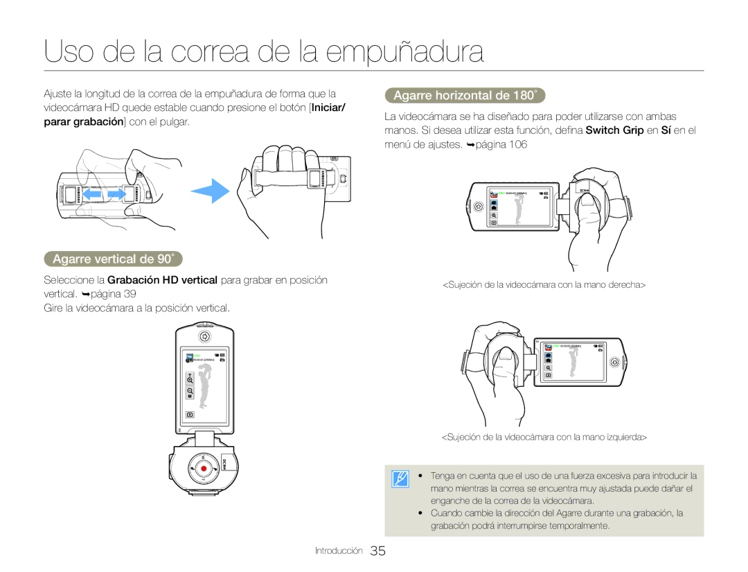 Samsung HMX-QF30WP/XIL manual Uso de la correa de la empuñadura, Agarre vertical de 90˚, Agarre horizontal de 180˚ 