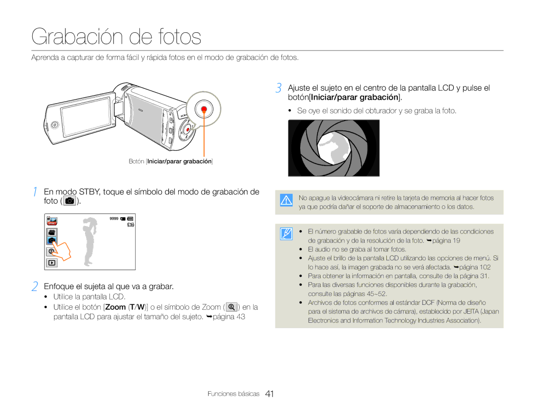 Samsung HMX-QF30WP/EDC, HMX-QF30BP/EDC manual Grabación de fotos, Se oye el sonido del obturador y se graba la foto 