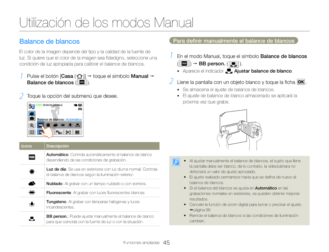 Samsung HMX-QF30WP/EDC Utilización de los modos Manual, Balance de blancos, Para definir manualmente el balance de blancos 