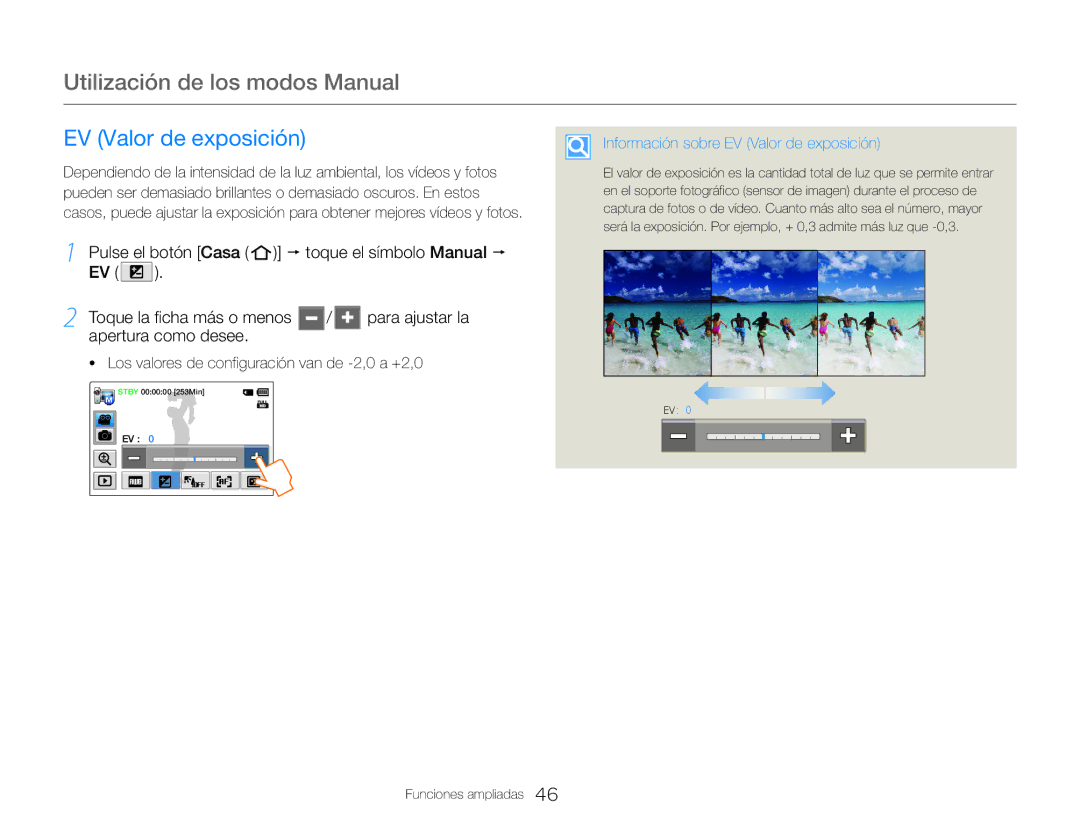 Samsung HMX-QF30BP/XIL, HMX-QF30BP/EDC manual Utilización de los modos Manual, Información sobre EV Valor de exposición 