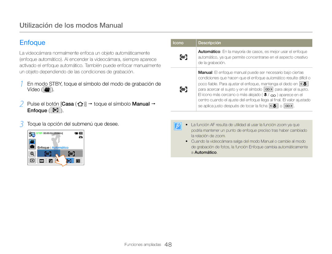 Samsung HMX-QF30BP/EDC, HMX-QF30WP/EDC, HMX-QF30BP/XIL, HMX-QF30WP/XIL manual Enfoque 