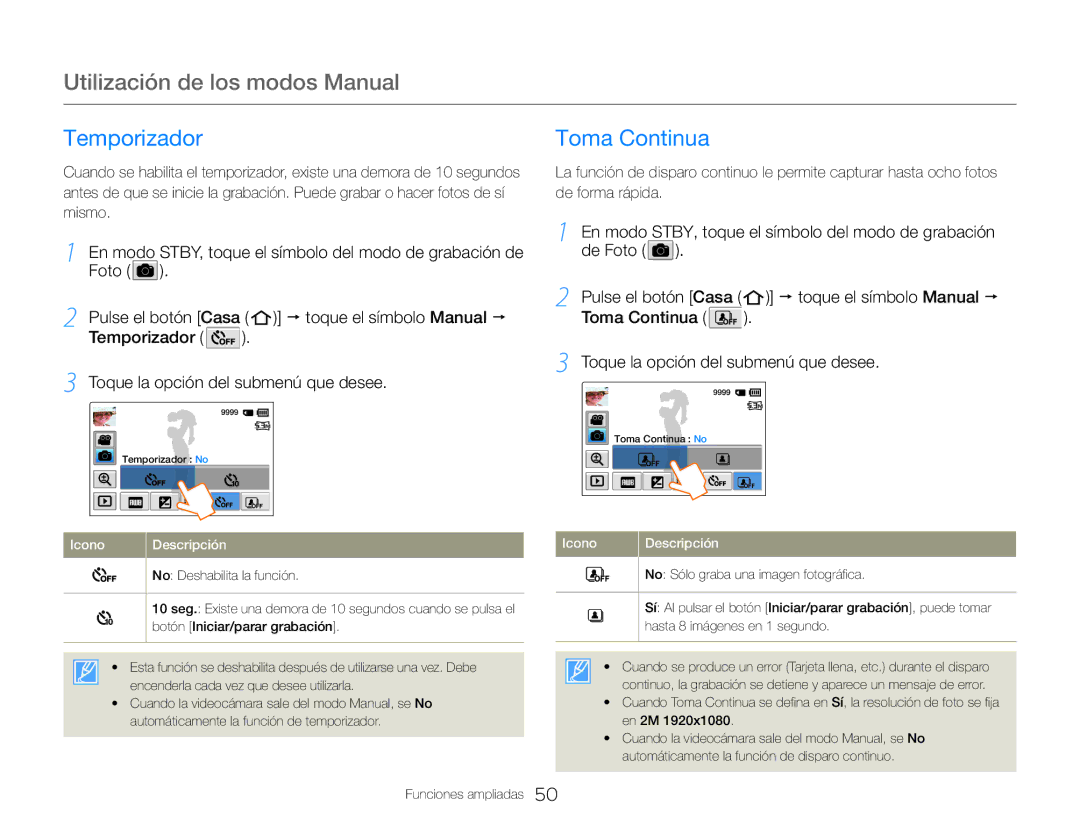 Samsung HMX-QF30BP/XIL, HMX-QF30BP/EDC, HMX-QF30WP/EDC, HMX-QF30WP/XIL manual Temporizador, Toma Continua 