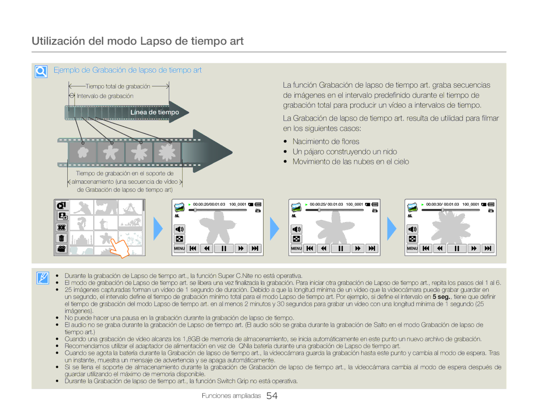 Samsung HMX-QF30BP/XIL manual Utilización del modo Lapso de tiempo art, Ejemplo de Grabación de lapso de tiempo art 