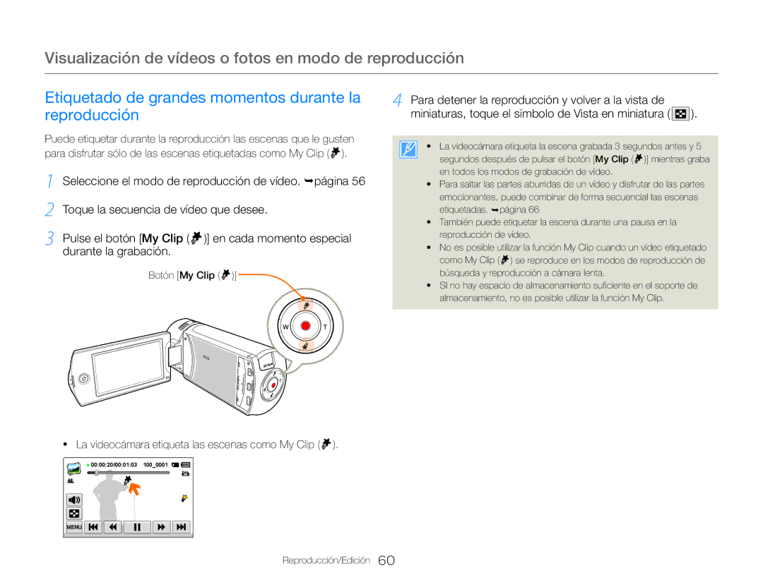 Samsung HMX-QF30BP/EDC, HMX-QF30WP/EDC manual Etiquetado de grandes momentos durante la, Reproducción, Durante la grabación 