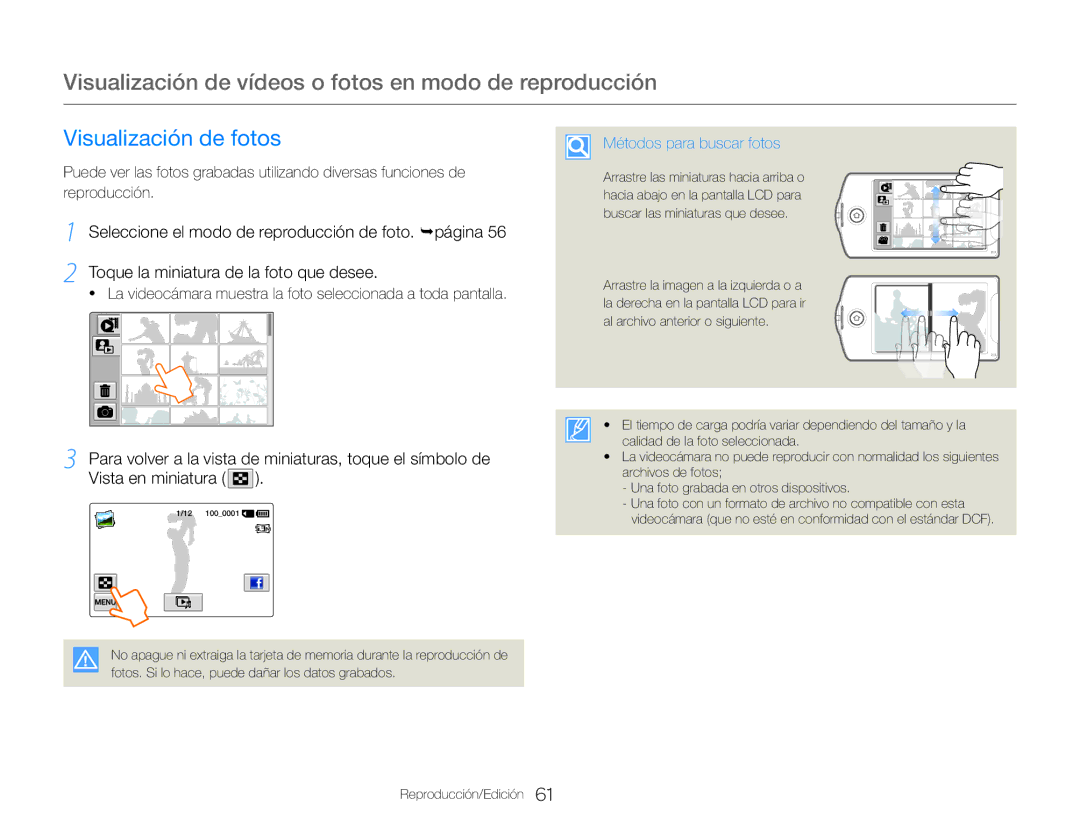 Samsung HMX-QF30WP/EDC, HMX-QF30BP/EDC Visualización de fotos, La videocámara muestra la foto seleccionada a toda pantalla 