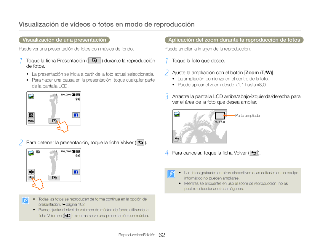 Samsung HMX-QF30BP/XIL manual Para detener la presentación, toque la ficha Volver, Para cancelar, toque la ficha Volver 