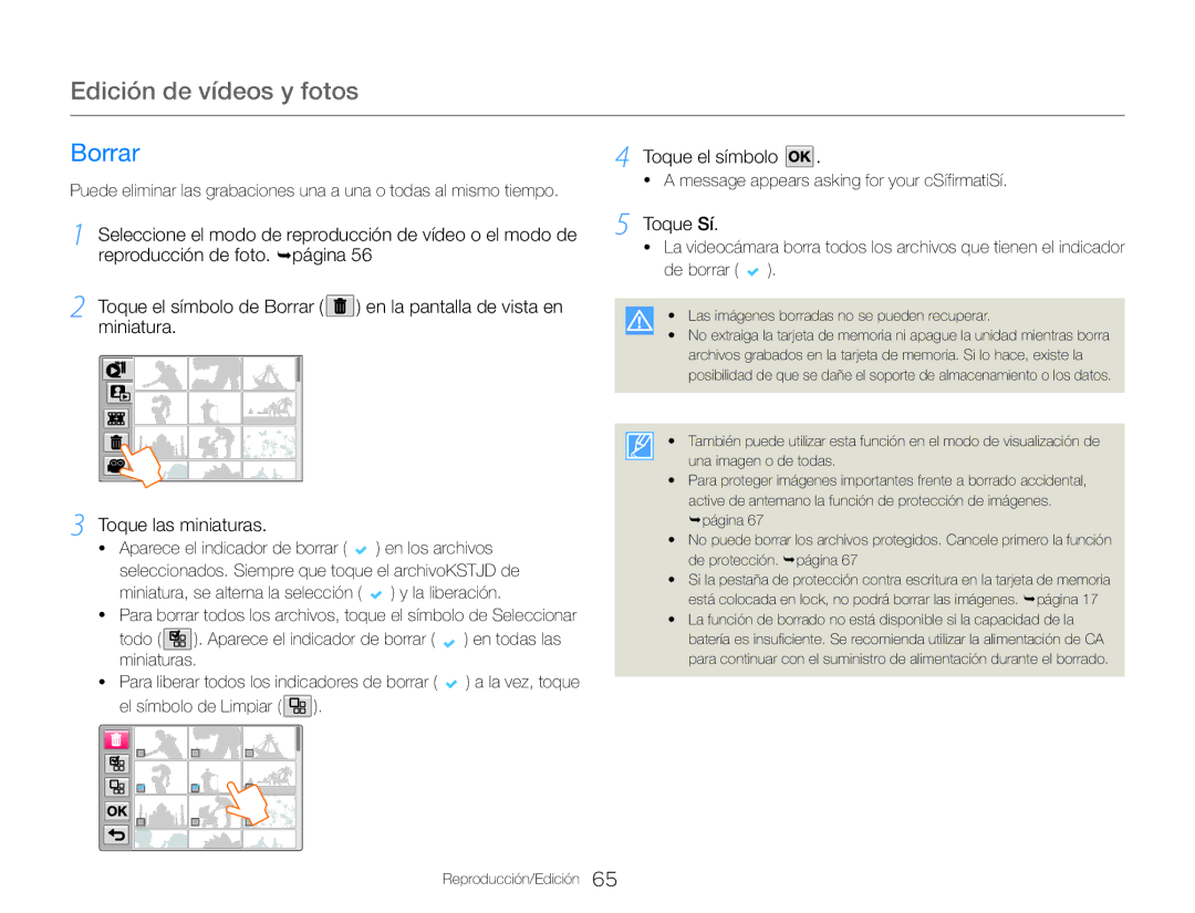 Samsung HMX-QF30WP/EDC, HMX-QF30BP/EDC manual Borrar, Toque el símbolo, Toque Sí, Reproducción de foto. ¬página, De borrar 