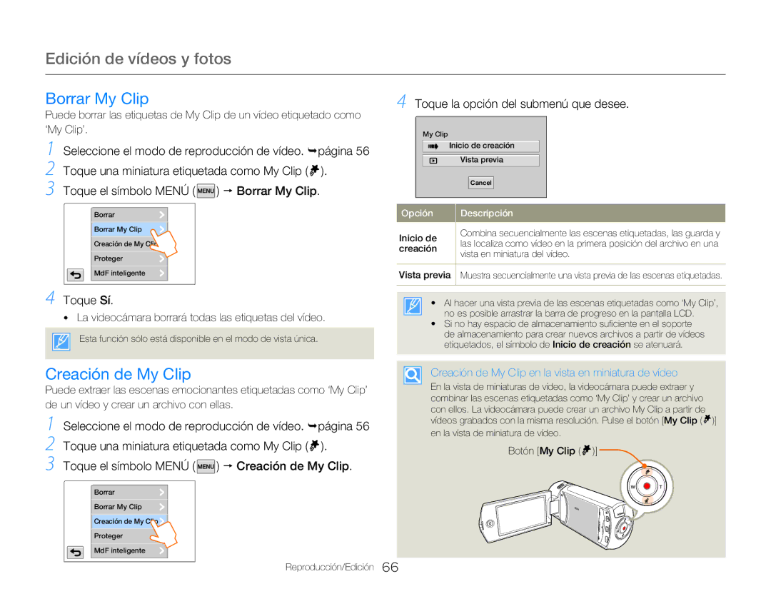 Samsung HMX-QF30BP/XIL manual Borrar My Clip, Creación de My Clip, La videocámara borrará todas las etiquetas del vídeo 