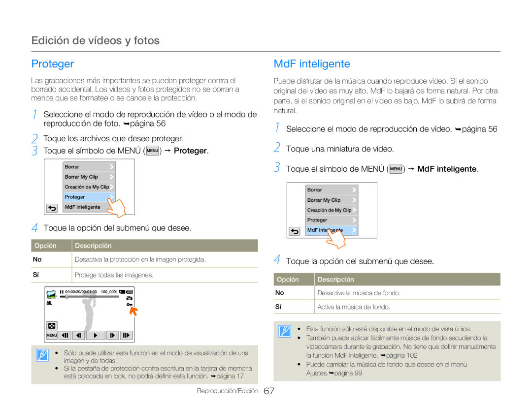 Samsung HMX-QF30WP/XIL, HMX-QF30BP/EDC, HMX-QF30WP/EDC manual Proteger MdF inteligente, Toque el símbolo de Menú p Proteger 
