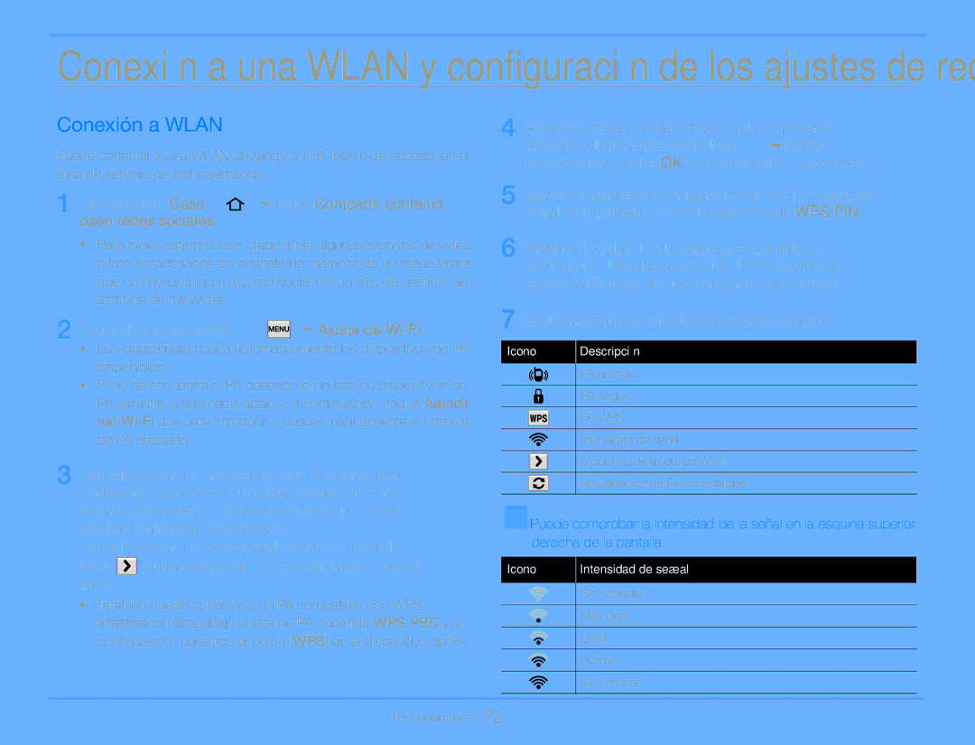 Samsung HMX-QF30BP/EDC, HMX-QF30WP/EDC, HMX-QF30BP/XIL manual Conexión a Wlan, Toque el símbolo de Menú p Ajuste de Wi-Fi 