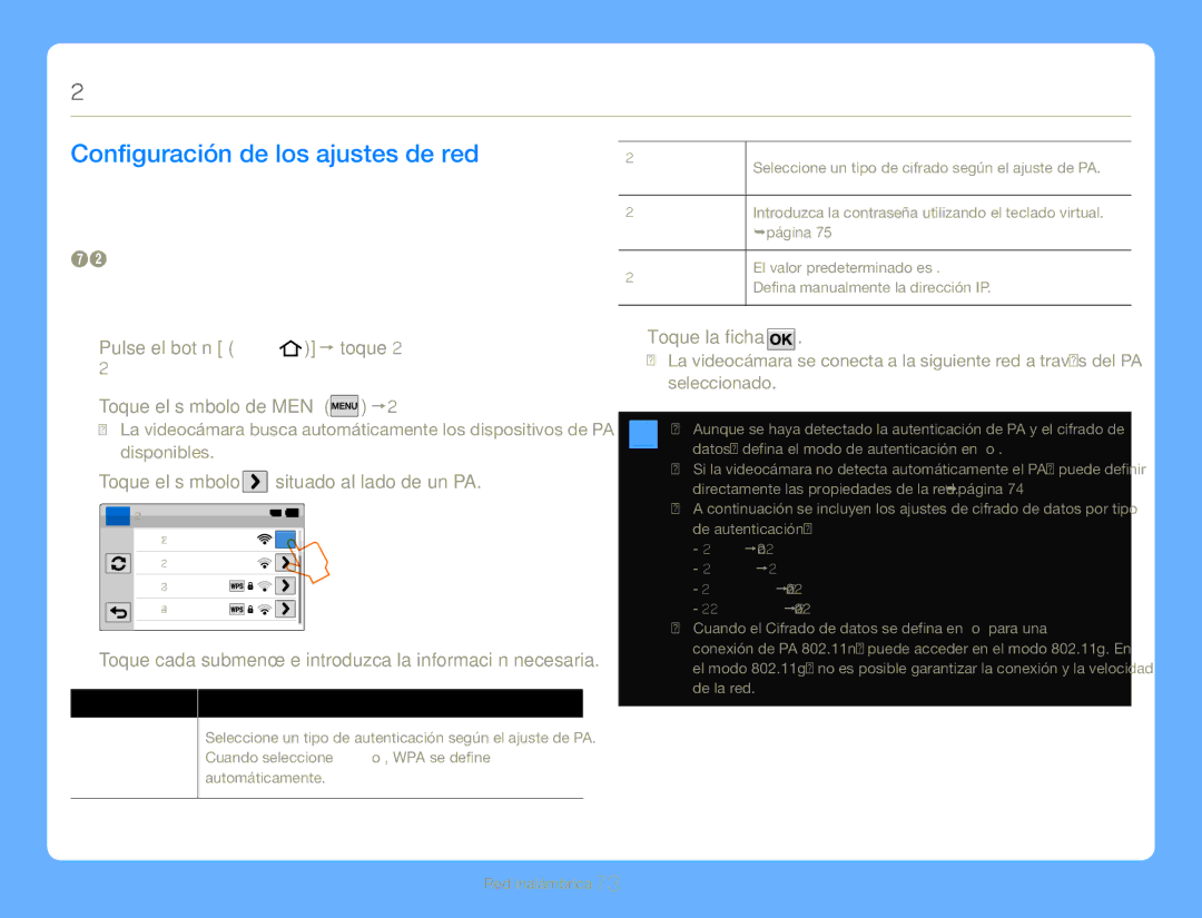 Samsung HMX-QF30WP/EDC Conexión a una Wlan y configuración de los ajustes de red, Configuración de los ajustes de red 