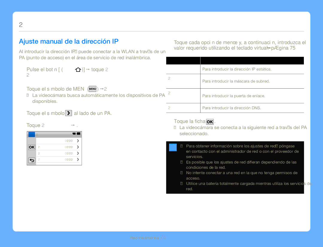 Samsung HMX-QF30BP/XIL, HMX-QF30BP/EDC, HMX-QF30WP/EDC, HMX-QF30WP/XIL Ajuste manual de la dirección IP 